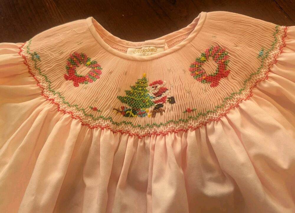 Vintage Christmas Smocked Dress Light Pink Girls 6Y Rosalina